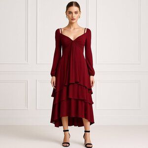Cinq a’ Sept Fira Tiered Silk Dress Flowy Bishop Sleeves  in Pomegranate Red